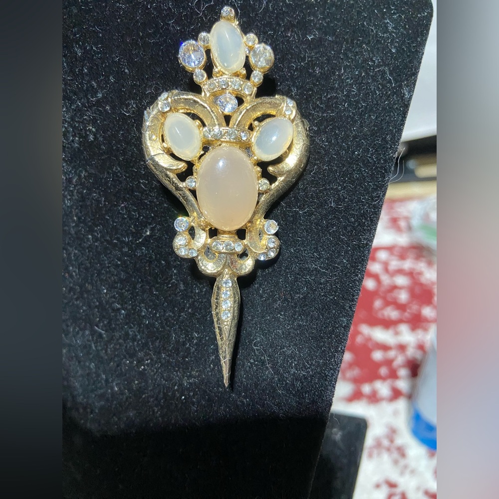 Vintage Gold Tone Crown Dagger Brooch Faux Moonstone Rhinestone Sword Pin